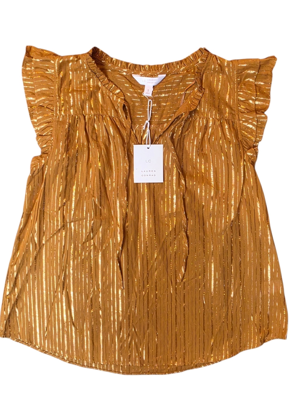 LC Lauren Conrad Gold Metallic Stripe Flutter Sleeve Blouse Womans Small